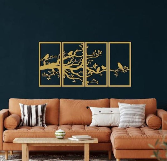 Birds on Branch Tree Wall Art - 4 Panel Set