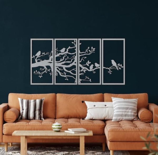 Birds on Branch Tree Wall Art - 4 Panel Set